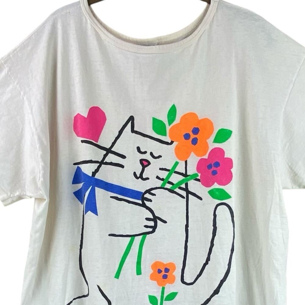 Vintage 1991 Graphic T-Shirt One Size Cat With Flowers - Picture 3 of 8